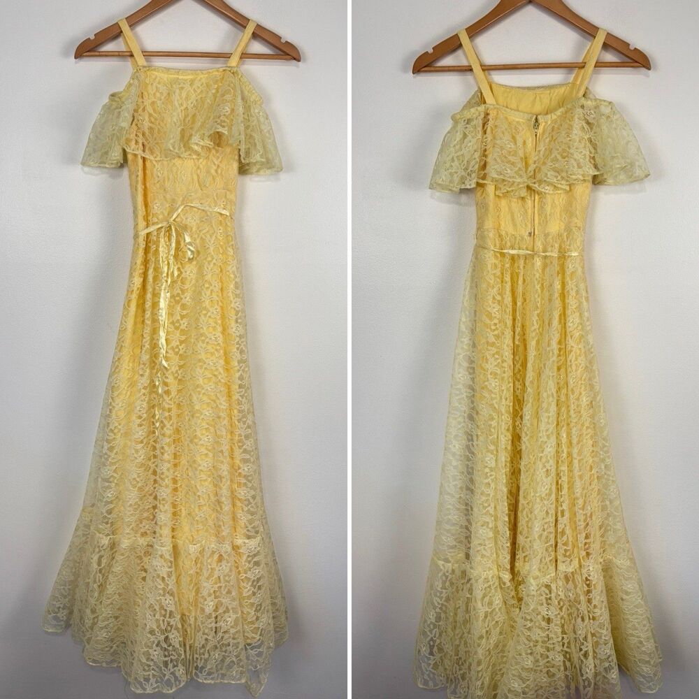 Vintage 70s 24 Karat Yellow Lace Cold Shoulder Dress XS Cottagecore Boho Prairie